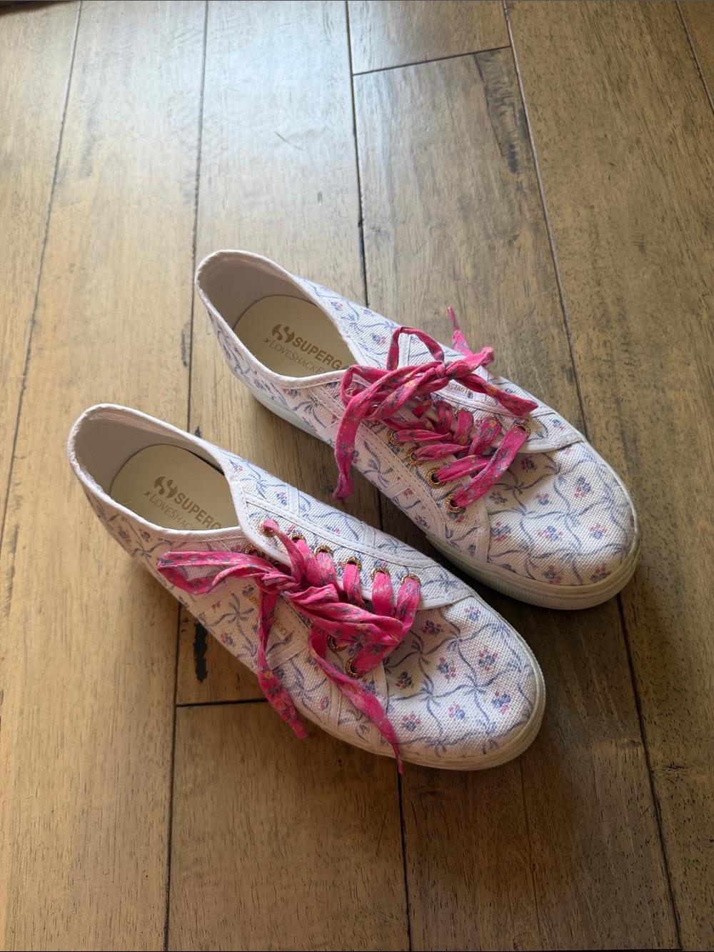 Superga Women's loveshackfancy Sneakers with Pink Laces and Blue Floral Print